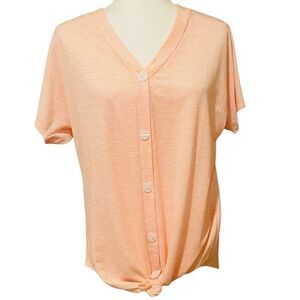 Pink Lily Shortsleeved Pink Striped Shirt Size Medium Front Bottom Knot